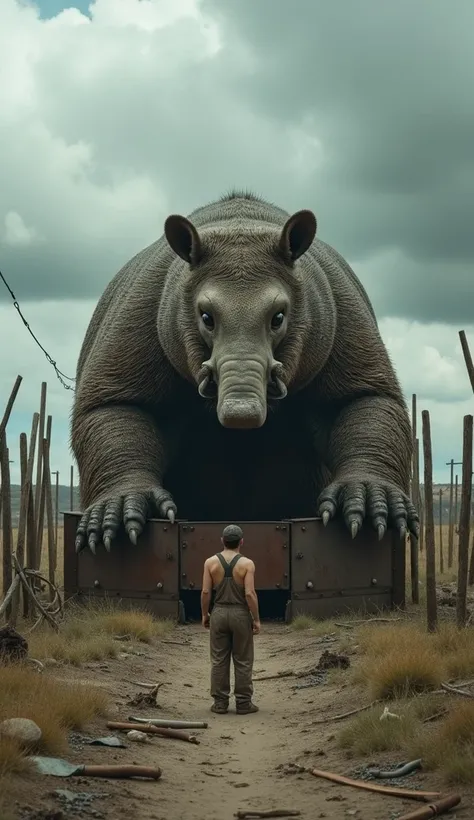 A hyper-realistic photograph of a massive armadillo with thick bear-like fur covering its shell and powerful clawed limbs. It emerges from a rusted steel trap in the middle of a desolate, muddy plain, surrounded by decaying wooden posts and broken fences. ...