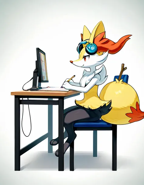 a boy anthropomorphic braixen pokemon is artist, holding a pencil, headphones on a head, creativity, solo, full hd resolution, photorealisic, side view, full-body portarit, sitting on a chair in front of table, smile