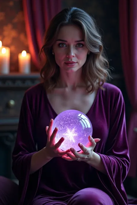  A middle-aged woman with slightly wavy brown hair , wearing a dark purple velvet dress ,  holding a sparkling crystal ball in an environment illuminated by candles and velvet curtains