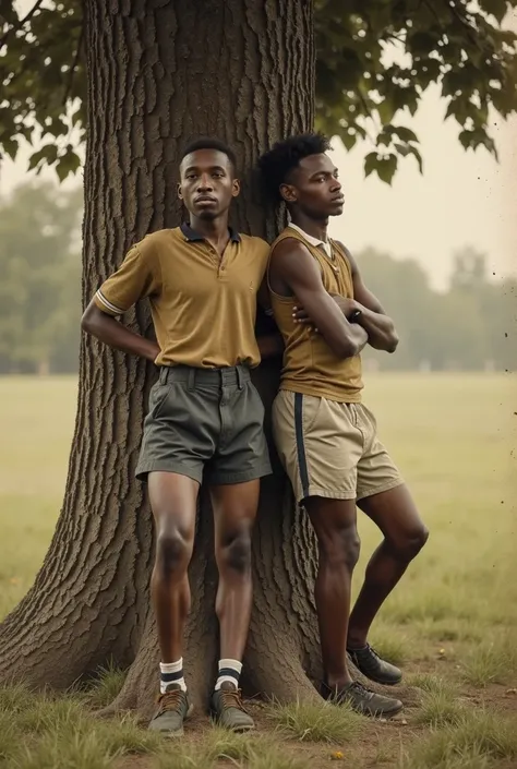  help me draw an old color photo from the 1928s， The content requirements for the photo are as follows ： two young black people hanging their backs ， wearing rugby player clothes ， strong and thin ， with their backs ，Very intimate，At the bottom of the tree...