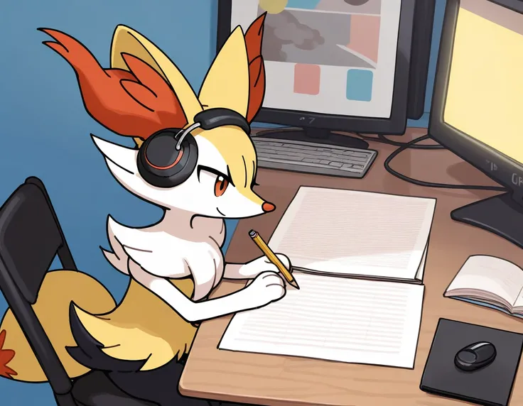 a boy anthropomorphic braixen pokemon is artist, holding a pencil, headphones on a head, creativity, solo, full hd resolution, photorealisic, side view, full-body portarit, sitting on a chair in front of table, smile, detailed cozy bedroom background, ambi...