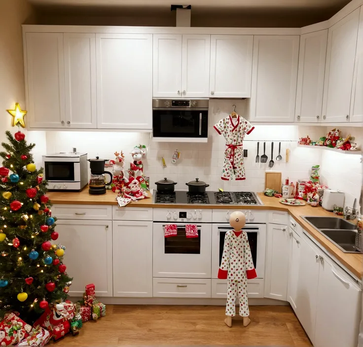 there is a kitchen with a wooden floor and white cabinets, small kitchen, it is decorate by Saitama from One Punch man, tacky loud cute Christmas figures on counter, cheap paper Christmas decorations. Christmas lights taped up around ceiling. Saitama (paja...