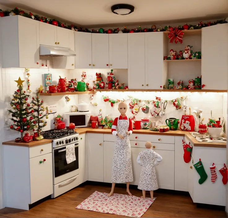 there is a kitchen with a wooden floor and white cabinets, small kitchen, it is decorate by Saitama from One Punch man, tacky loud cute Christmas figures on counter, cheap paper Christmas decorations. Christmas lights taped up around ceiling. Saitama (paja...