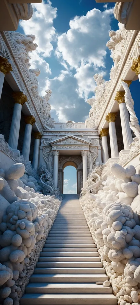 una vista de una escalera que conduce a un sky lleno de mármol blanco en forma de querubines, Entrance to the ethereal kingdom very bright , Surrealist Roman architecture,  intricate and epic composition ,  portal to the ethereal kingdom , the gates of sky...