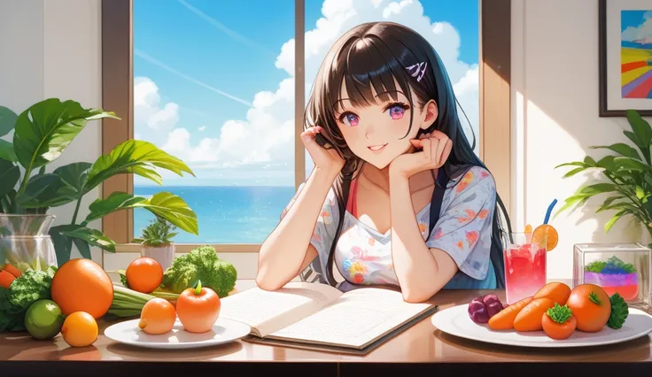 anime style: beautiful woman jotting down a wellness plan in a notebook while sitting at a dining table with a colorful, balanced meal in front of them. The table includes fruits, vegetables, whole grains, and a glass of water. The character is casually dr...