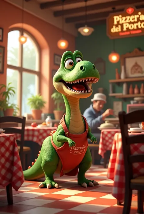 Hello, I want the image of an animated dinosaur in a pizzeria with the name of Pizzería del Porto