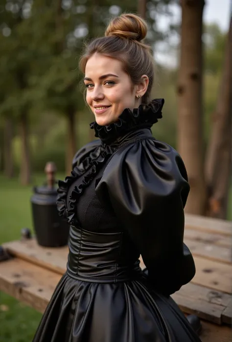 (realistic photograph close up sideways cheerful), (a pleased beautiful European orgasm looking lady with (messy hair bun), she is wearing (an elaborate extensive shiny black satin dress with (long gigantic puff sleeves), (and a tight stand-up collar as hi...