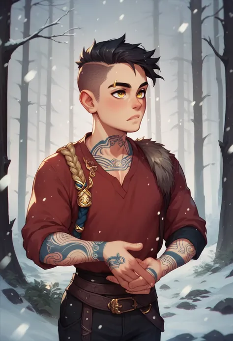 One human boy, young, fair skin, dark hair, undercut, gold eyes, Norse tattoos, red tunic, black pants, snowing, forest