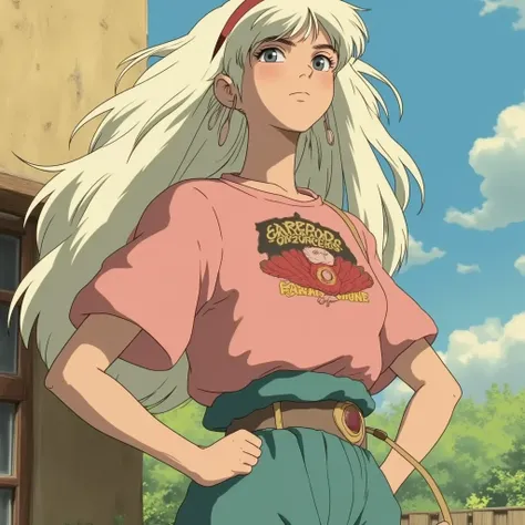 A young female protagonist with striking white hair in vintage 80s and 90s anime style. She stands confidently in a softly lit scene, wearing a high-waisted outfit and a band t-shirt. Her expressive features and vibrant personality shine through, with intr...