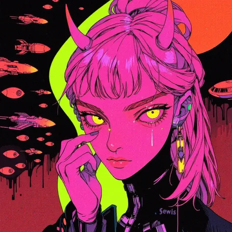 ((best quality)), ((masterpiece)), (detailed), perfect face of cyberpunk mecha japanese girl, neon pink body, neon pink hair, big neon lime green eyes, ((monochromatic neon pink, orange and lime green color palette)), surreal, art nouveau, in the illustrat...