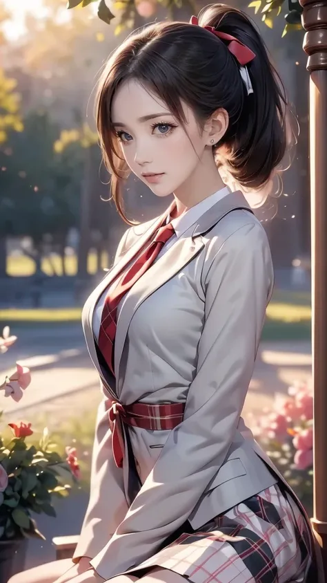 (masterpiece),(4K),high quality,(Perfect Anatomy),Flat Chest,1 high school girl,Grey blazer,Checkered Skirt,Red ribbon tie,Black hair ponytail,Pale skin,Beautiful smile,Beautiful and detailed red eyes,((Sidelong glance)), (Highly detailed elegant), Detaile...