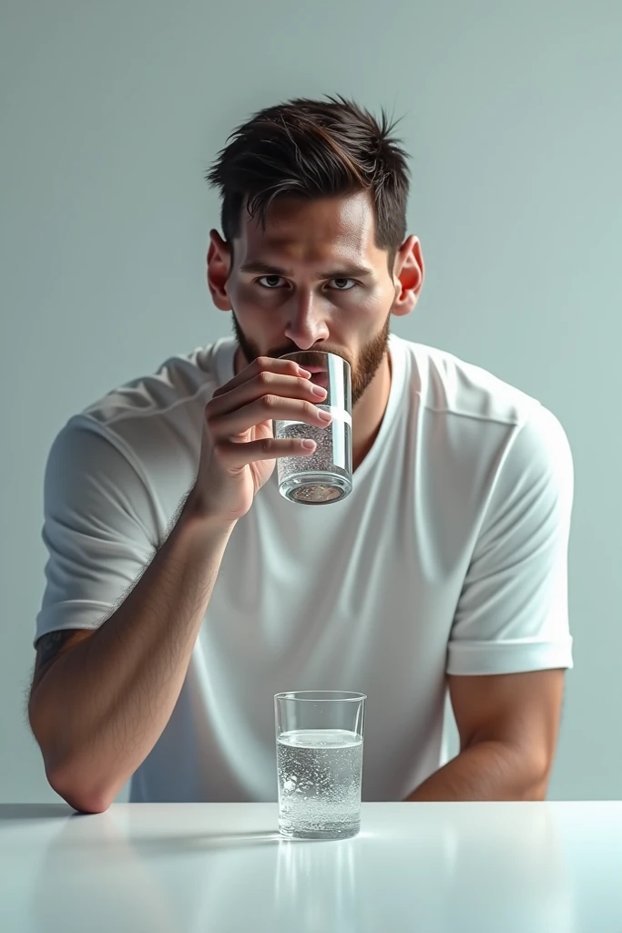 Messi drinking water in a glass with safa labe