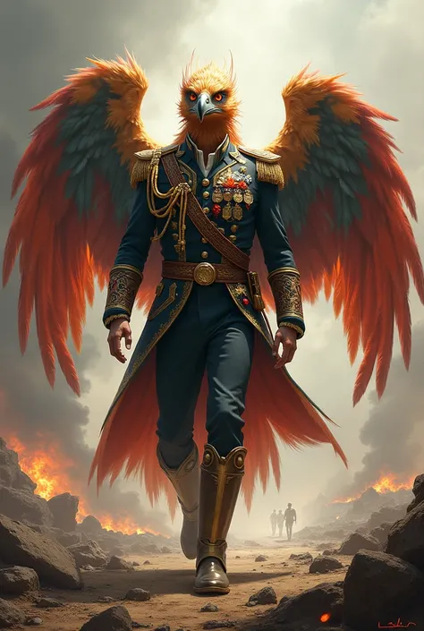 draw a picture of a garuda character in a military uniform ,  walking as if he had completed a war assignment