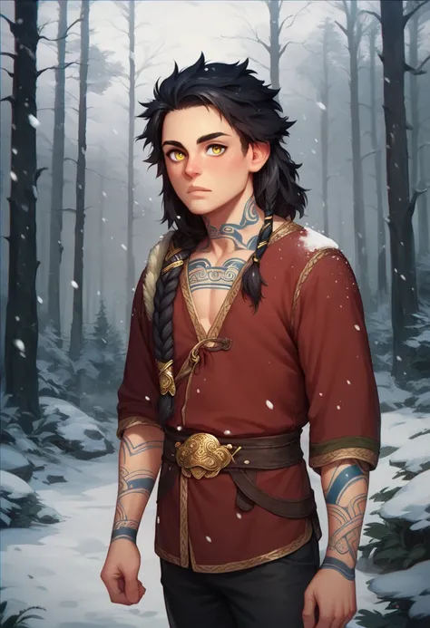 One human boy, young, fair skin, dark hair, short tousled hair, gold eyes, Norse tattoos, red tunic, black pants, snowing, forest