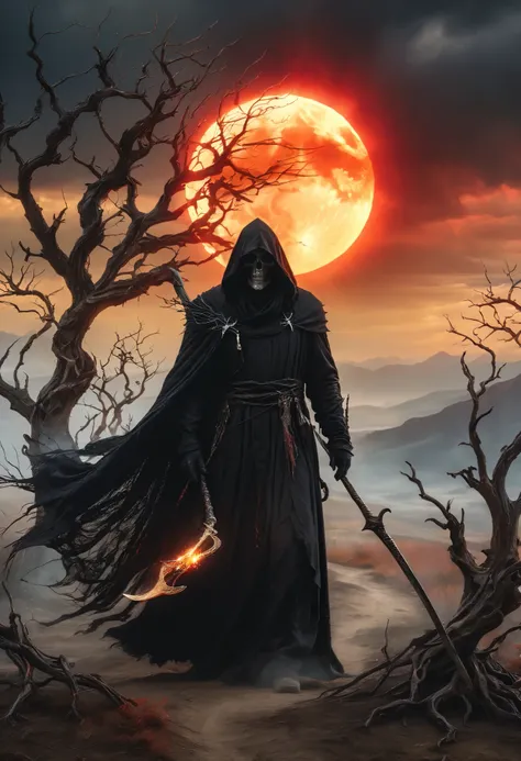 dark, atmospheric image of a towering, hooded figure resembling the Grim Reaper. The figure is cloaked in a flowing, black robe, holding an ornate scythe with intricate details. Behind the figure, a glowing red sun or moon emits a fiery aura, casting an om...