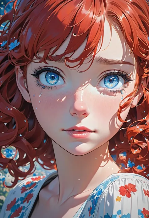 a cartoon girl with curly red hair stares at the camera with tears streaming down her eyes, 1girl, solo, looking at viewer, portrait, blue eyes