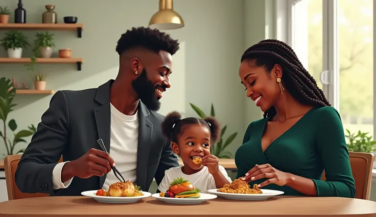 Un homme africain beau élégant souriant aux cheveux afro moyennement stylé pro bien dune barbe bien taillé habiller en veste gris foncé stylée assis sur une chaise moderne qui mange un bon plat délicieux,ainsi sa petite belle fille africaine âgé de 6ans vê...