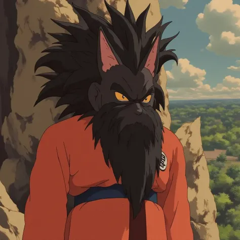 Goku in his Super Saiyan 4 form, illustrated in a vintage 80s and 90s anime style. His wild black-and-red fur contrasts with his golden eyes, giving him a fierce and determined expression. The scene is set in a warm, nostalgic atmosphere with muted yet vib...