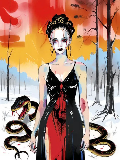 snake dress, maxi dress, medusa in flowing gown, scratchy sketch uses angular expressive pencil underlay bold ink overlay lines in incomplete, unfinished style, synesthesia, intense glitch effect color decay delay distortion, glitchy, ethereal aura surroun...