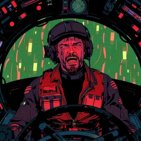 Mud Cockpit、cyberpunk, Futuristic Suit、The gauge lights up、Helmet、Look diagonally upwards and shout、Upper Body、Masterpiece、Highest quality、Shooting with a wide-angle lens。robot pilot , raging , anorexic young keanu reeves with beard hungry young and face t...