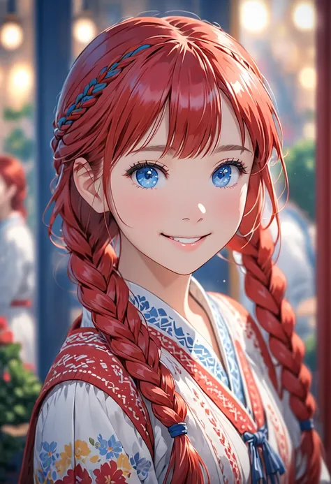 an anime girl with braided hair smiling and staring into the mirror, 1girl, braid, solo, red hair, looking at viewer, long hair, twin braids, blue eyes, blurry background, blush, bangs, hair over shoulder, blurry, closed mouth, smile, upper body, long slee...