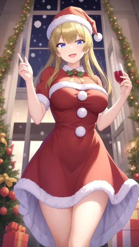 masterpiece, best quality, girl, solo, looking at viewer, mitsuru_abe, large breasts, merry christmas Dress, standing, smile, open mouth,