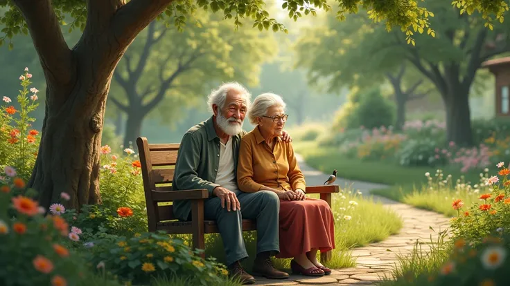 an old man and an old woman sitting in a garden