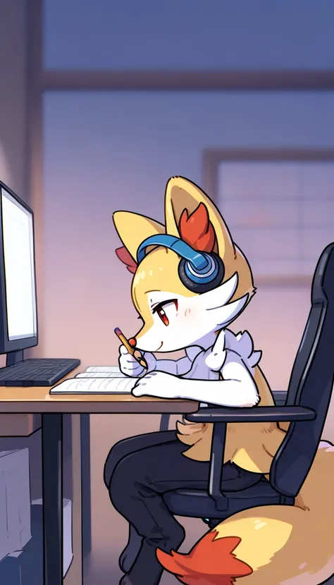 a boy anthropomorphic braixen pokemon is artist, holding a pencil, headphones on a head, creativity, solo, full hd resolution, photorealisic, side view, full-body portarit, sitting on a chair in front of table, smile, detailed cozy bedroom background, ambi...