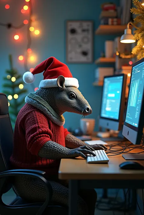 Imagine a Christmas armadillo working as a computer scientist surrounded by several computer monitors