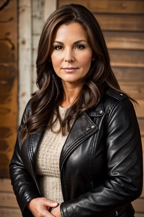 Medium view, of young aged, 40 year old, girl, gilf, milf, face portrait, Cherokee￼ features, chubby, long hair, brown hair, black silk leather jacket over jumper, in Small town alaska,