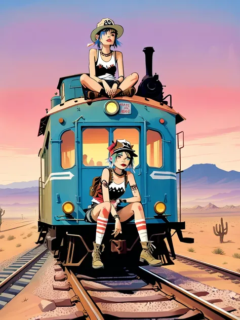 Tank Girl, cowgirl hat, sitting perched, riding back caboose of traincar, dusk, desert, endless train, endless vast skyline