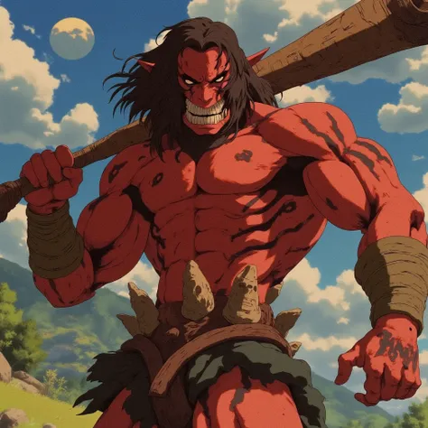 A powerful oni depicted in vintage 80s and 90s anime style, with a muscular build and sharp, expressive features. His skin is deep red with intricate markings, and he has long, wild hair flowing in the wind. He wields a large spiked kanabo, exuding an inte...