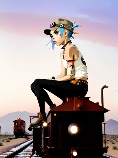 Tank Girl, cowgirl hat, sitting perched, riding back caboose of traincar, dusk, desert, endless train, endless vast skyline