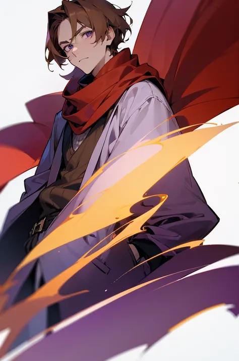 Man with light brown hair, purple eyes, pale skin, red scarf, casual clothes, 27 years old, cartoon, white background.