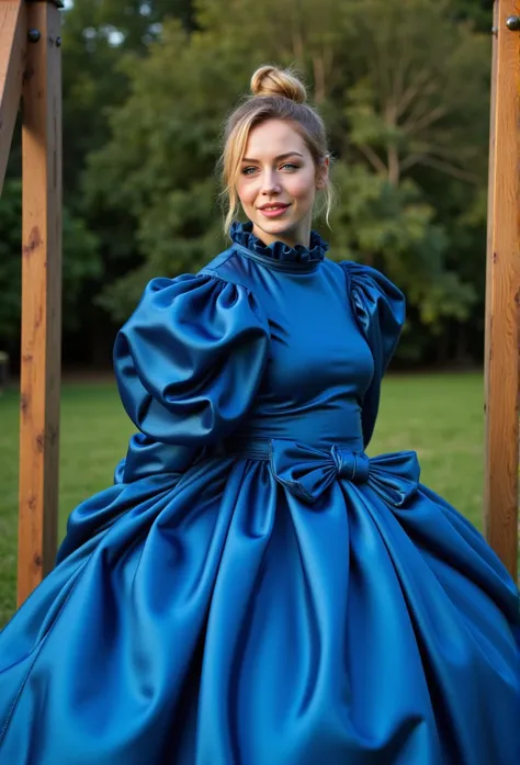 (realistic photograph close up sideways cheerful), (a pleased beautiful European orgasm looking lady with (messy hair bun), she is wearing (an elaborate extensive shiny blue satin dress with (long gigantic puff sleeves), (and a narrow ultra high stand-up c...