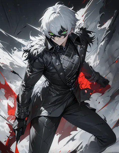 1 male, short hair, white hair, green eyes, black and silver diluc clothes, (best quality,4k,highres,masterpiece:1.2), slightly muscular, half mask, full body