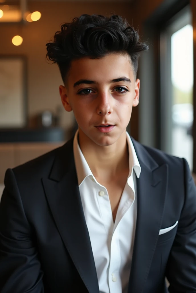 A stylish young man with short, well-groomed, curly black hair, dressed elegantly in a tailored blazer over a crisp white shirt. He exudes sophistication and confidence, gazing directly at the camera with a poised expression. The background is minimalist a...