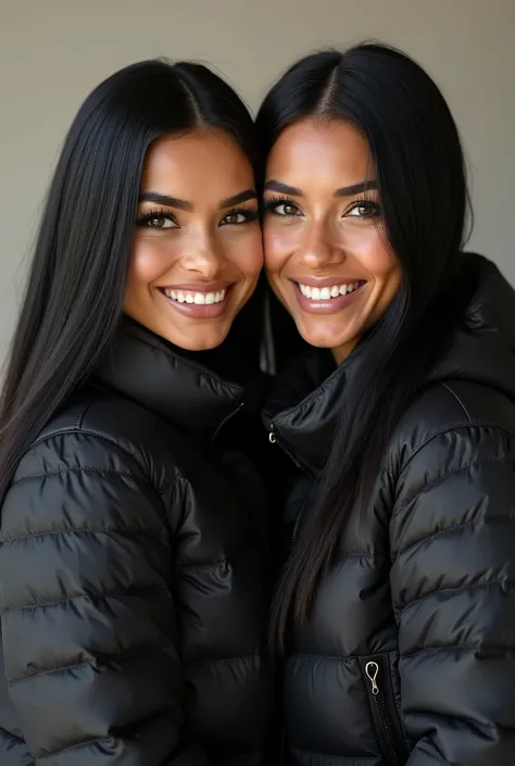  Beautiful Brazilian Women 、 black hair、 Hairstyle shortcuts、、、Ear piercing、黒い down jacket、smile、 beautiful alignment of teeth、 trainer、 upper body、 Neutral Backgrounds 、 frontal angle

