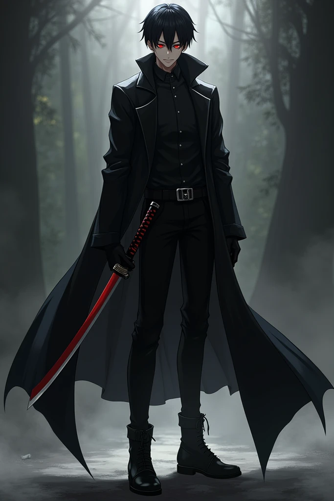  Create a male anime character with empty red eyes with a black overcoat and a black shirt ,  her pants are black and she wears a black boot  , Her katana is blood red with black , Are your teeth pointy , your hair is black , Your hair isnt long 