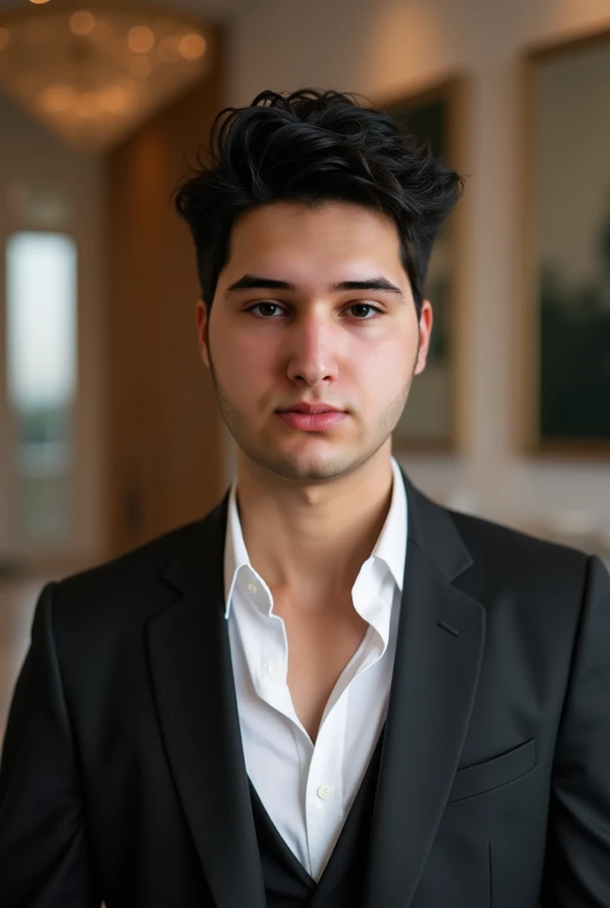 A stylish young man with short, well-groomed, curly black hair, dressed elegantly in a tailored blazer over a crisp white shirt. He exudes sophistication and confidence, gazing directly at the camera with a poised expression. The background is minimalist a...