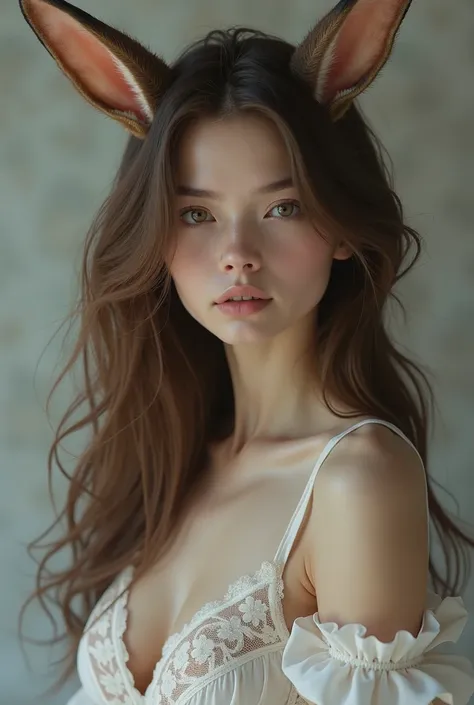 russian woman , With brown hair and honey-colored eyes,  snow-white skin ,  with 50cm long rabbit ears,  sexy lace underwear, flat stomach and small waist. 