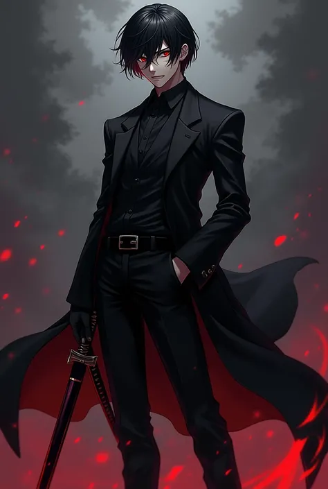  Create a male anime character with empty red eyes with a black overcoat and a black shirt ,  her pants are black and she wears a black boot  , Her katana is blood red with black , Are your teeth pointy , your hair is black , Your hair isnt long , Make him...