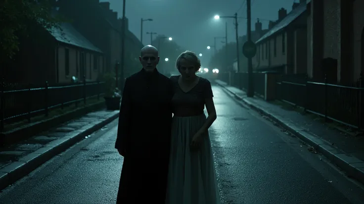 Realistic image a strange neighbor couple standing in the middle of the street in an English village cold rainy night of the dead darkness of the night and the macabre liquid darkness