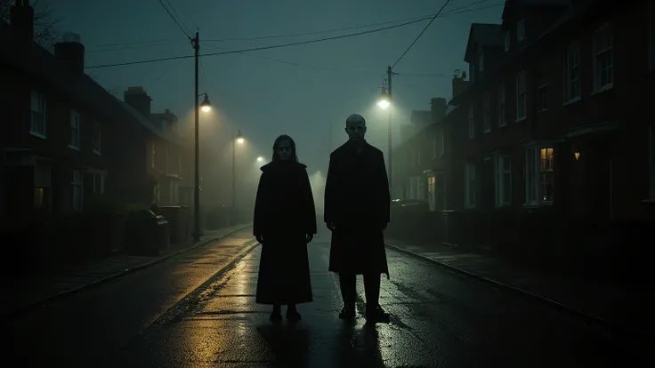 Realistic image a strange neighbor couple standing in the middle of the street in an English village cold rainy night of the dead darkness of the night and the macabre liquid darkness