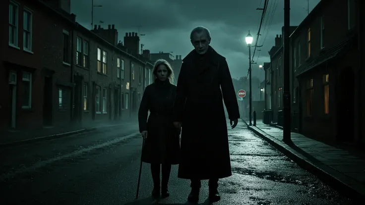 Realistic image a strange neighbor couple standing in the middle of the street in an English village cold rainy night of the dead darkness of the night and the macabre liquid darkness