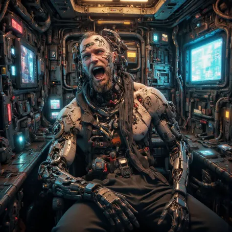 Mud Cockpit、cyberpunk, Futuristic Suit、The gauge lights up、Helmet、Look diagonally upwards and shout、Upper Body、Masterpiece、Highest quality、Shooting with a wide-angle lens。robot pilot , raging , anorexic young keanu reeves with beard hungry young and face t...