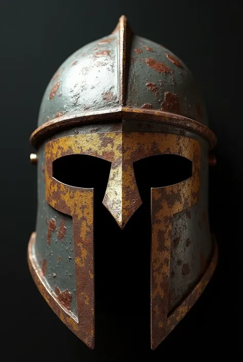  Create a front image of a Roman helmet like in the movie 300, an intimidating helmet, rich in detail with combat marks .