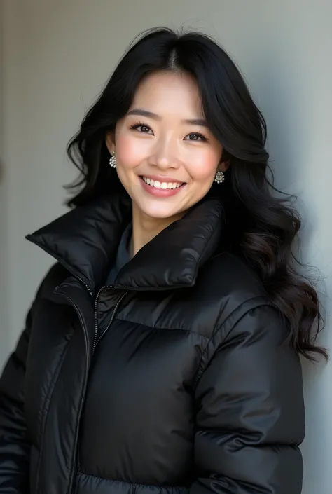 Beautiful Chinese Woman 、 black hair、 Hairstyle shortcuts、 wavy hair 、、Ear piercing、黒い down jacket、smile、 beautiful alignment of teeth、 trainer、 upper body、 Neutral Backgrounds 、 frontal angle

