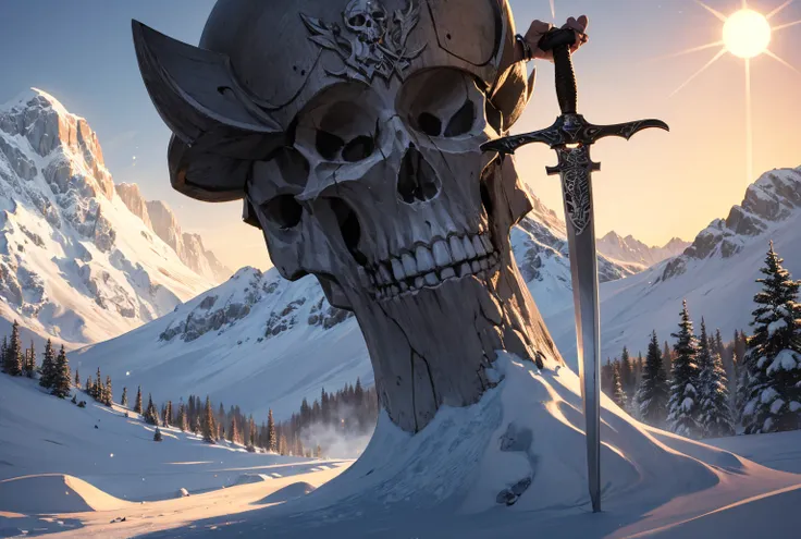 Viking sword stuck in a skull, snow, mountains, sun, High Details, Sparkle, Emphasis Lines, 