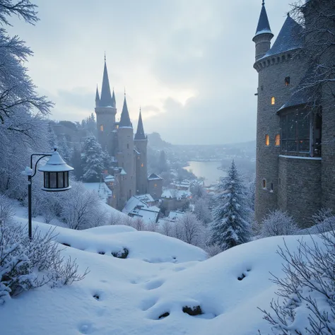 Beautiful view of a medieval snowy place, professional lights